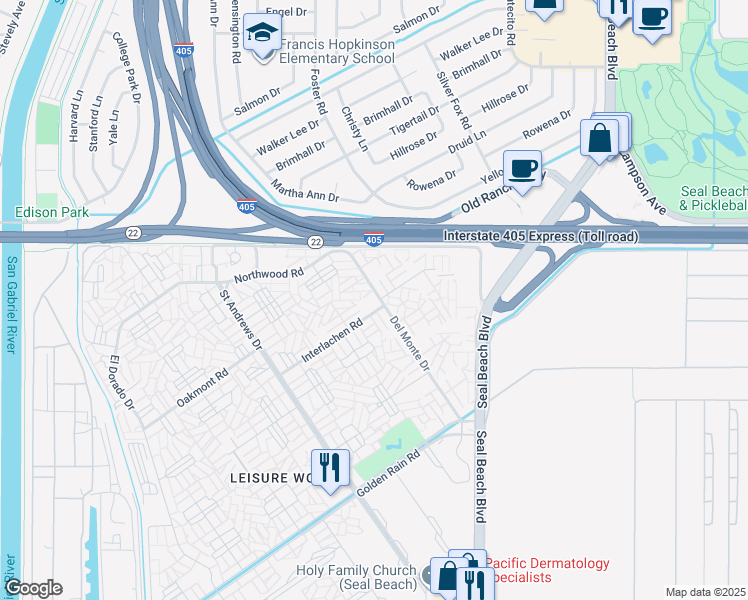 map of restaurants, bars, coffee shops, grocery stores, and more near 13141 Del Monte Drive in Seal Beach