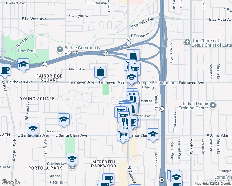 map of restaurants, bars, coffee shops, grocery stores, and more near 2604 North Tustin Avenue in Santa Ana