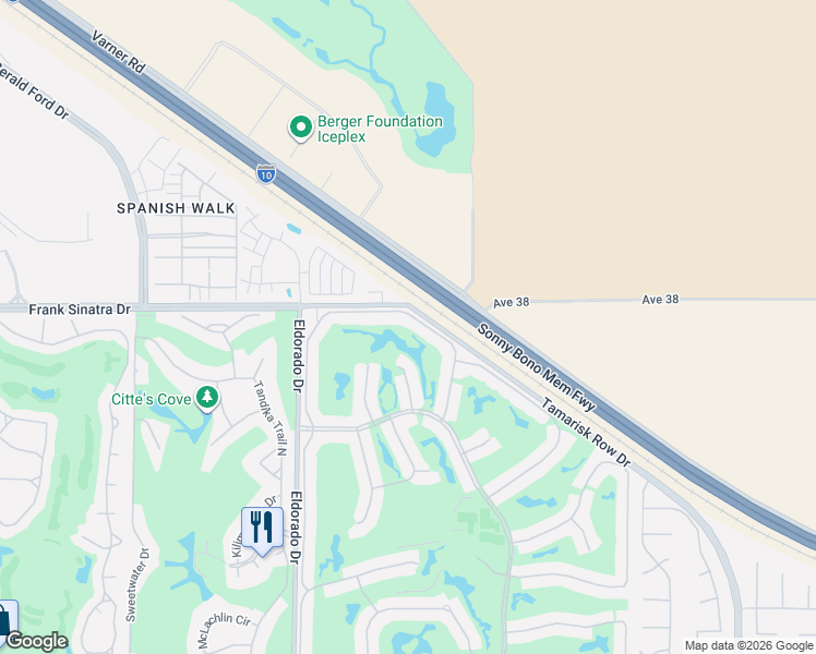 map of restaurants, bars, coffee shops, grocery stores, and more near 38089 Crocus Lane in Palm Desert
