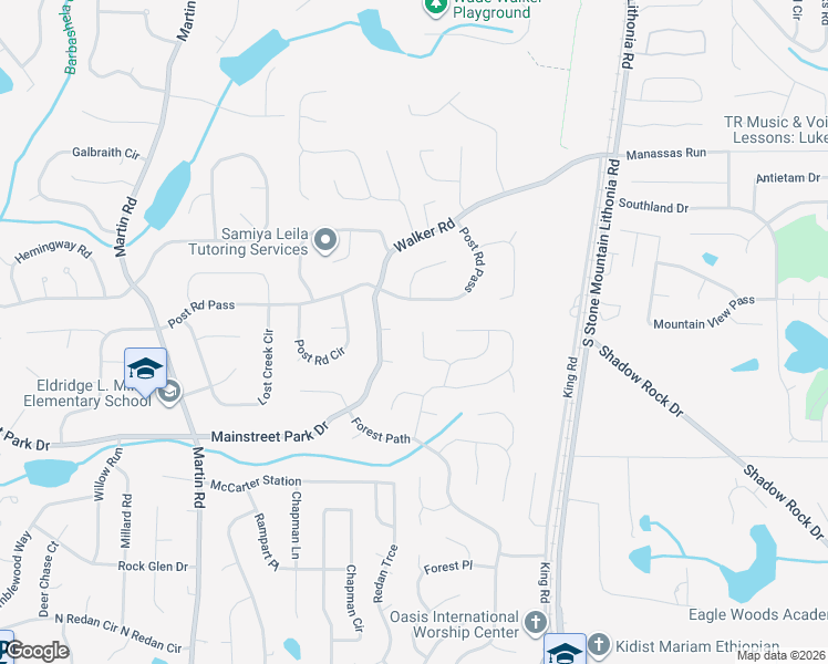 map of restaurants, bars, coffee shops, grocery stores, and more near 5447 Hedgeflower Court in Stone Mountain