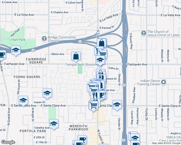 map of restaurants, bars, coffee shops, grocery stores, and more near 2602 North Tustin Avenue in Santa Ana
