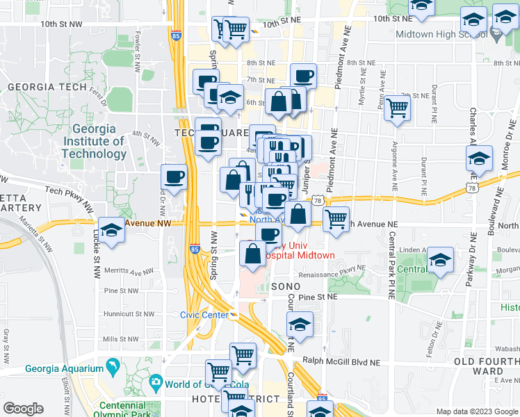 map of restaurants, bars, coffee shops, grocery stores, and more near 660 West Peachtree Street Northwest in Atlanta