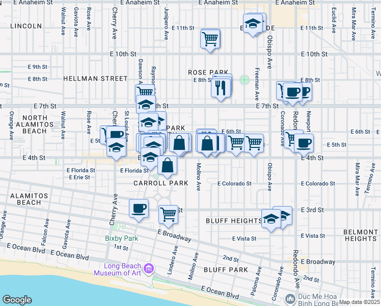 map of restaurants, bars, coffee shops, grocery stores, and more near 2517 East 4th Street in Long Beach