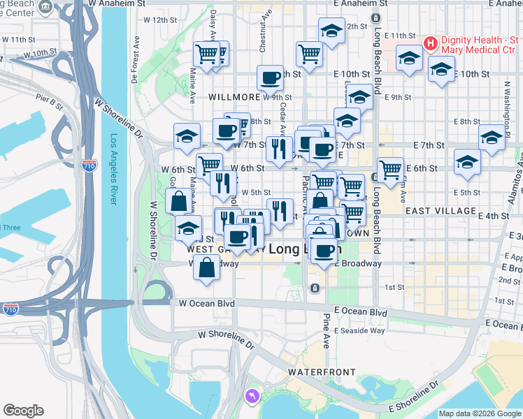 map of restaurants, bars, coffee shops, grocery stores, and more near 417 Chestnut Avenue in Long Beach