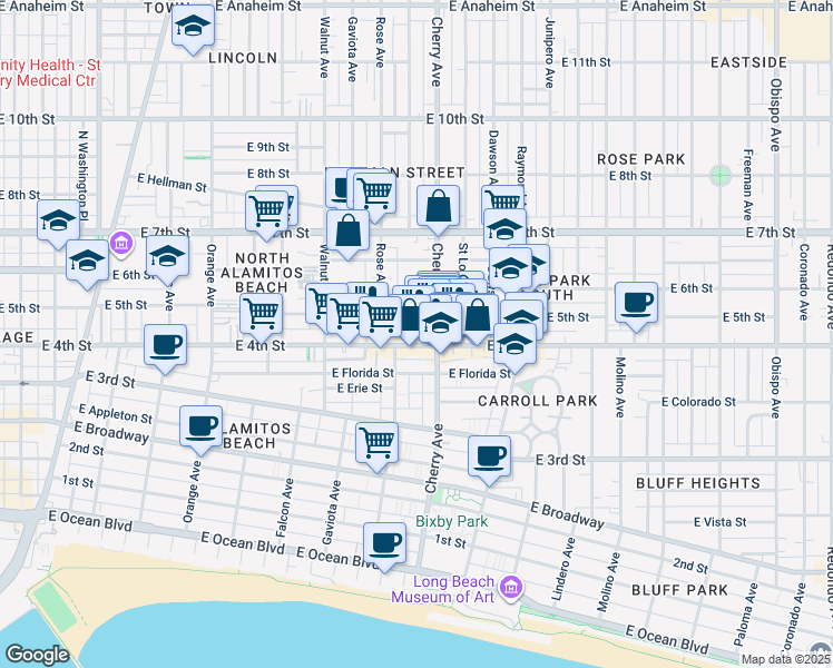 map of restaurants, bars, coffee shops, grocery stores, and more near in Long Beach