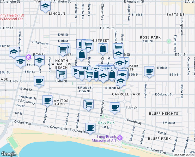 map of restaurants, bars, coffee shops, grocery stores, and more near 426 Rose Place in Long Beach