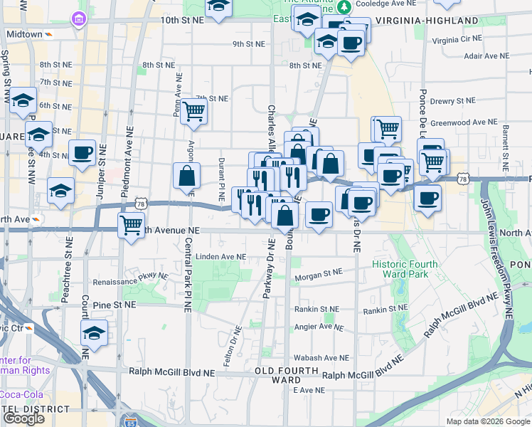 map of restaurants, bars, coffee shops, grocery stores, and more near 425 Ponce De Leon Avenue Northeast in Atlanta