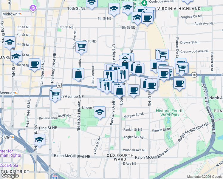 map of restaurants, bars, coffee shops, grocery stores, and more near 425 Ponce De Leon Avenue Northeast in Atlanta