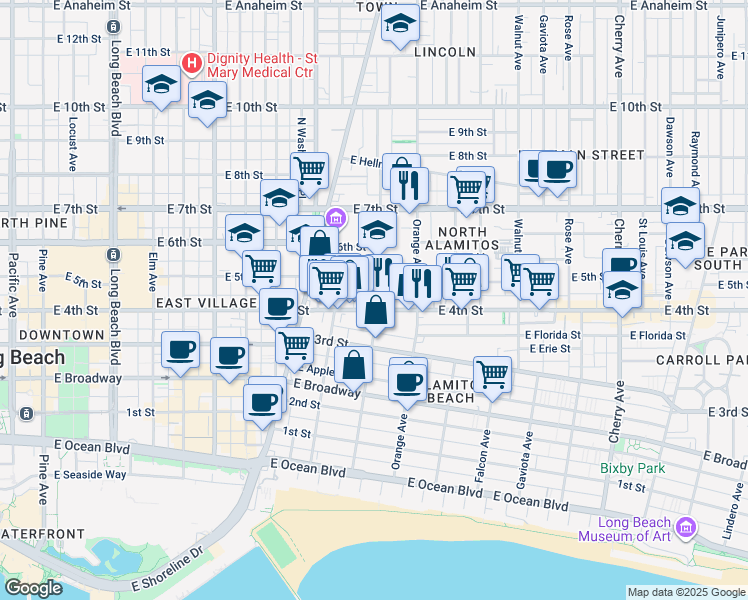 map of restaurants, bars, coffee shops, grocery stores, and more near 1073 East 4th Street in Long Beach