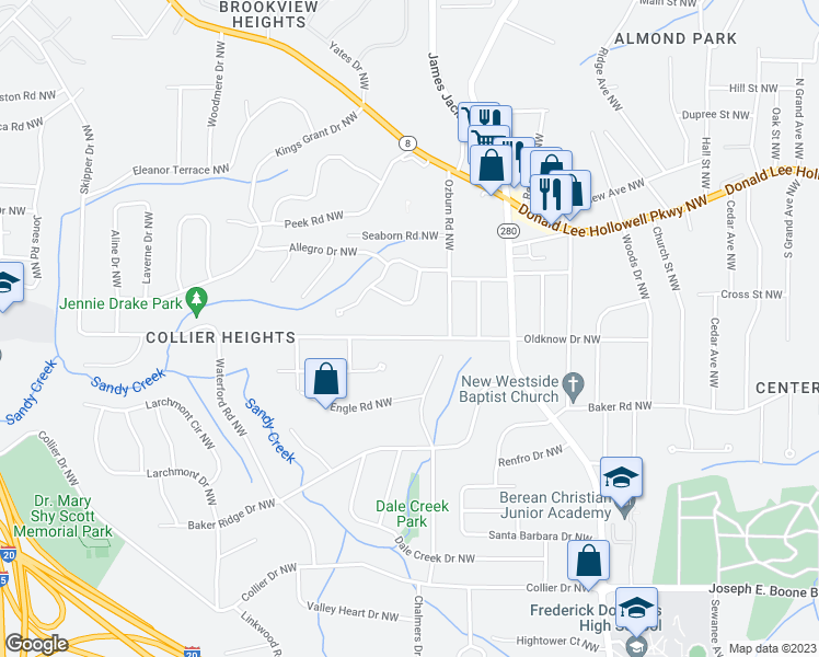 map of restaurants, bars, coffee shops, grocery stores, and more near 2745 Oldknow Drive Northwest in Atlanta