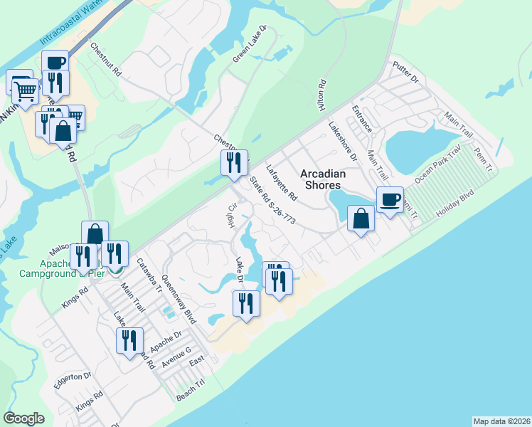 map of restaurants, bars, coffee shops, grocery stores, and more near 408 Kingston Road in Myrtle Beach