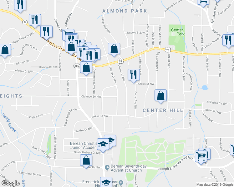 map of restaurants, bars, coffee shops, grocery stores, and more near 614 Woods Drive Northwest in Atlanta