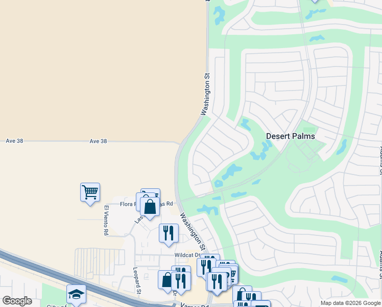 map of restaurants, bars, coffee shops, grocery stores, and more near 38173 Grand Oaks Avenue in Palm Desert