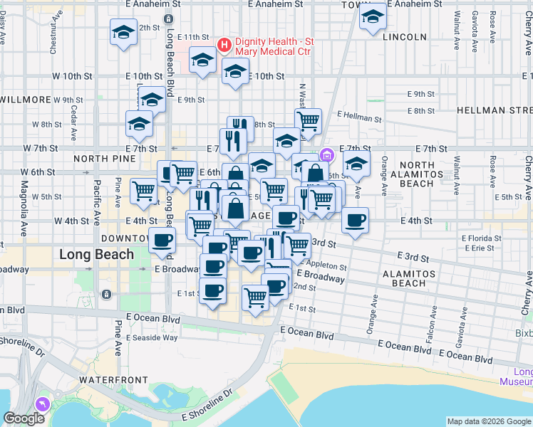 map of restaurants, bars, coffee shops, grocery stores, and more near 416 Lime Avenue in Long Beach