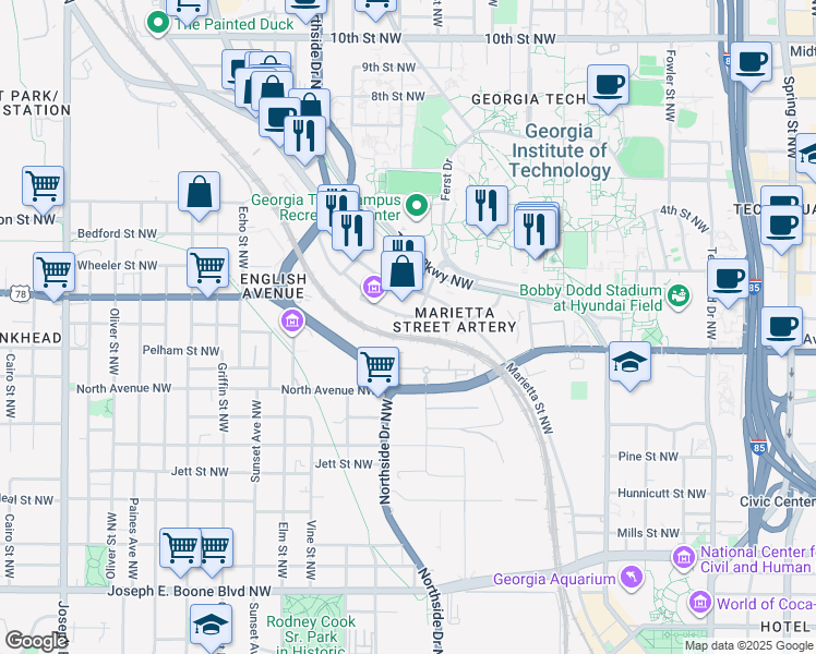 map of restaurants, bars, coffee shops, grocery stores, and more near 500 Means Street Northwest in Atlanta