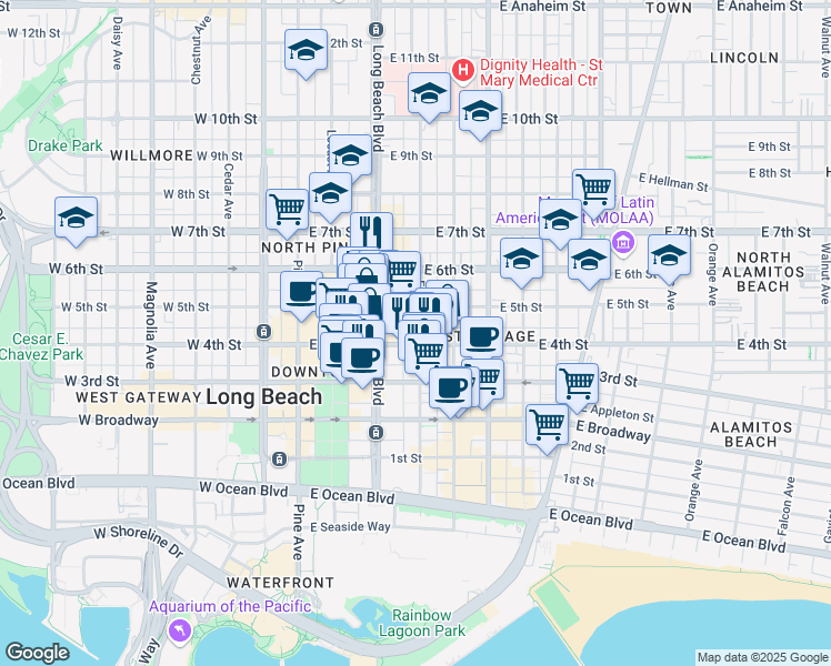 map of restaurants, bars, coffee shops, grocery stores, and more near 395 East 4th Street in Long Beach