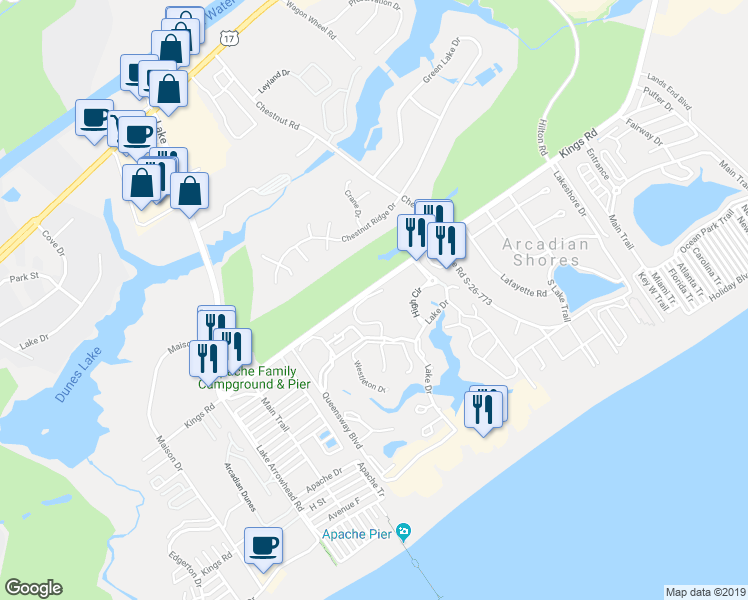 map of restaurants, bars, coffee shops, grocery stores, and more near 9839-9881 Kings Road in Myrtle Beach