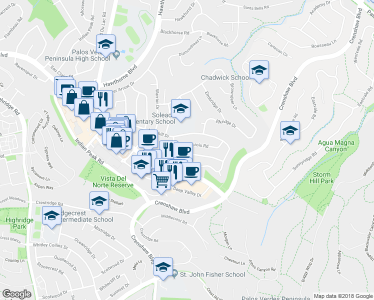 map of restaurants, bars, coffee shops, grocery stores, and more near 5065 Delacroix Road in Rancho Palos Verdes