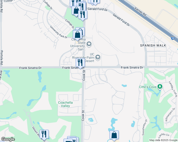 map of restaurants, bars, coffee shops, grocery stores, and more near 407 Cypress Point Drive in Palm Desert