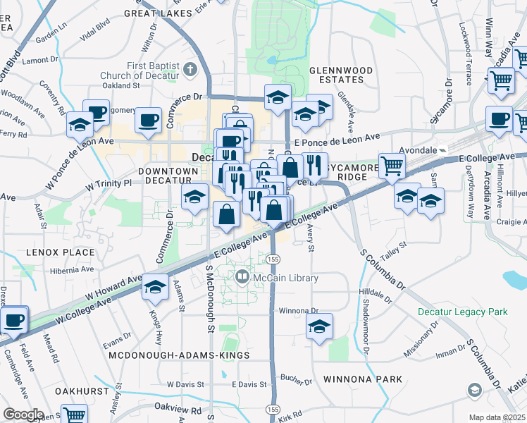 map of restaurants, bars, coffee shops, grocery stores, and more near 119 North Candler Street in Decatur