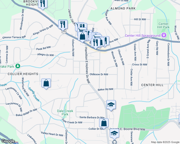 map of restaurants, bars, coffee shops, grocery stores, and more near 2621 Oldknow Drive Northwest in Atlanta