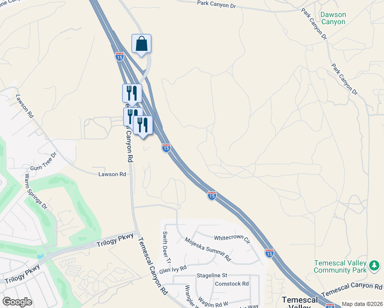 map of restaurants, bars, coffee shops, grocery stores, and more near Interstate 15 in Corona