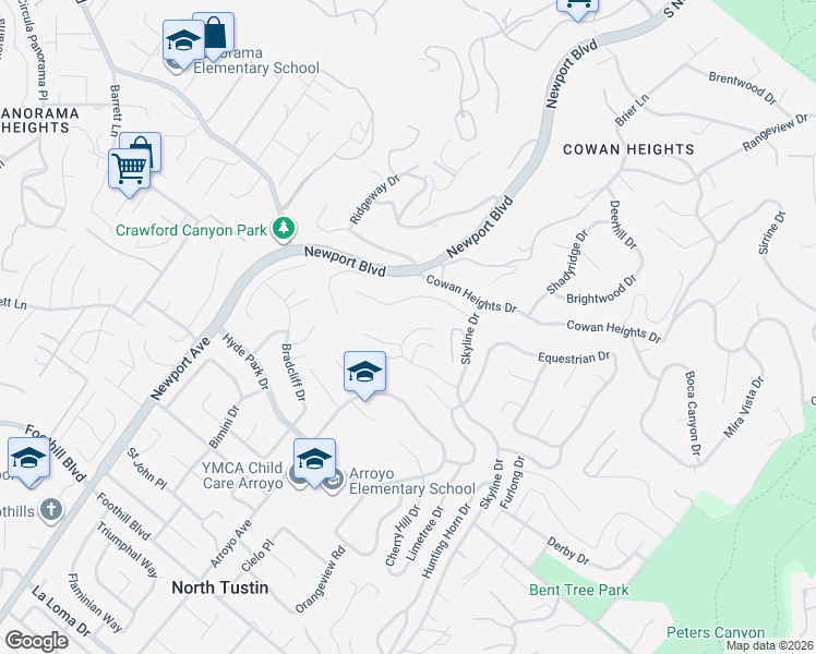 map of restaurants, bars, coffee shops, grocery stores, and more near 1182 Country Hills Drive in Santa Ana