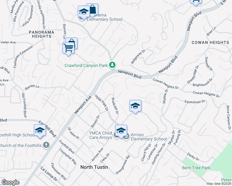 map of restaurants, bars, coffee shops, grocery stores, and more near 1082 Bradcliff Drive in Santa Ana