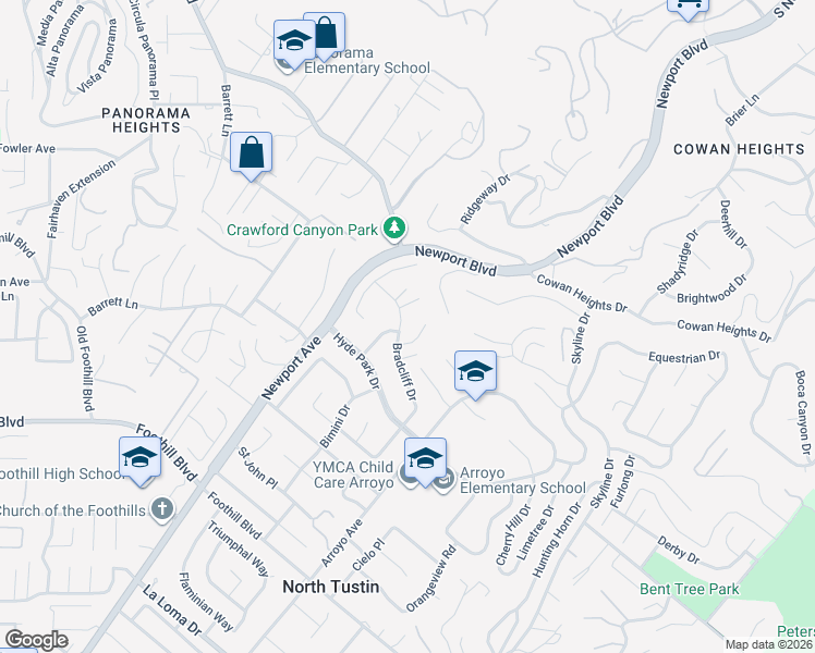 map of restaurants, bars, coffee shops, grocery stores, and more near 1082 Bradcliff Drive in Santa Ana