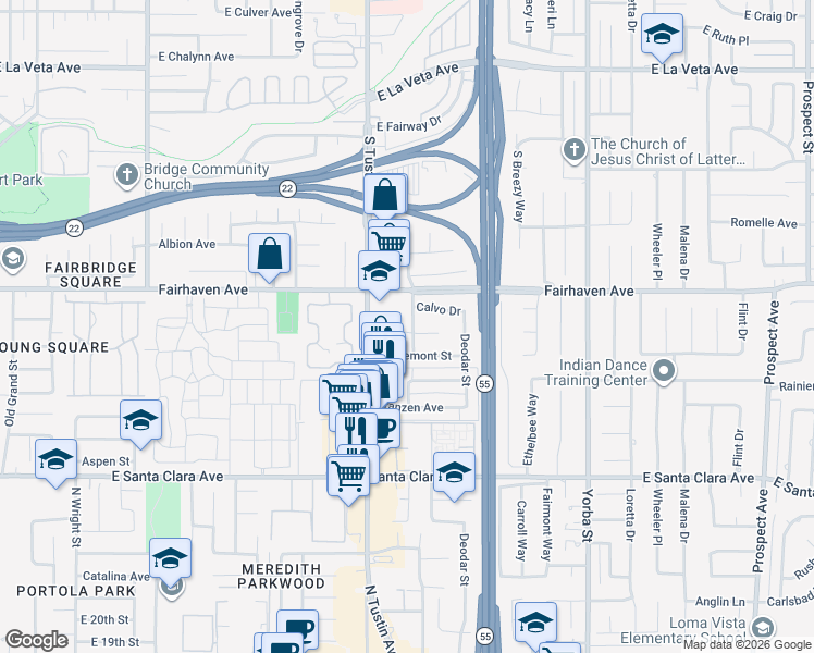 map of restaurants, bars, coffee shops, grocery stores, and more near 2614 Ponderosa Street in Santa Ana