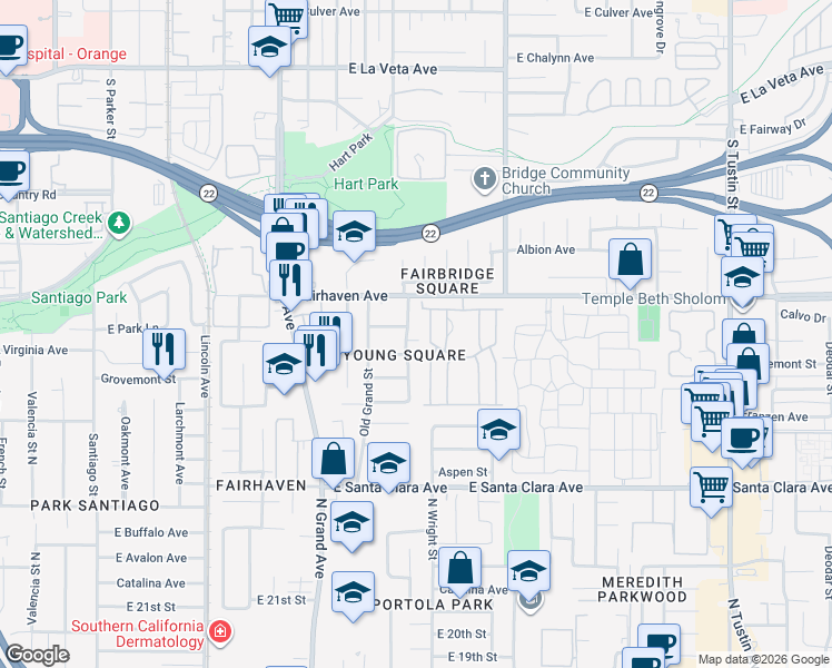 map of restaurants, bars, coffee shops, grocery stores, and more near 2624 Forest Lake in Santa Ana