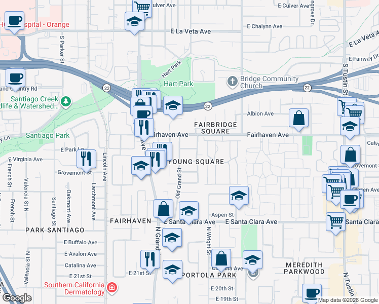map of restaurants, bars, coffee shops, grocery stores, and more near 1419 Keegan Way in Santa Ana