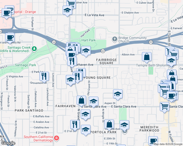 map of restaurants, bars, coffee shops, grocery stores, and more near 1419 Keegan Way in Santa Ana