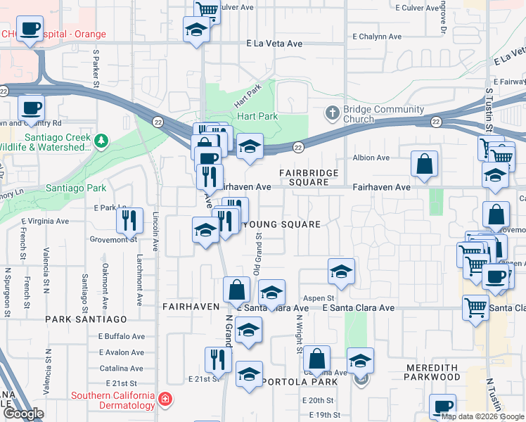 map of restaurants, bars, coffee shops, grocery stores, and more near 1419 Keegan Way in Santa Ana