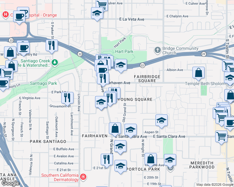 map of restaurants, bars, coffee shops, grocery stores, and more near 2621 Jacaranda Street in Santa Ana