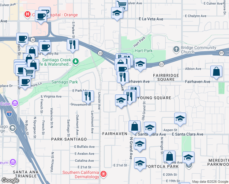 map of restaurants, bars, coffee shops, grocery stores, and more near 2630 North Grand Avenue in Santa Ana