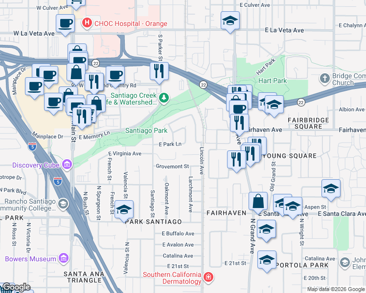 map of restaurants, bars, coffee shops, grocery stores, and more near 907 East Park Lane in Santa Ana