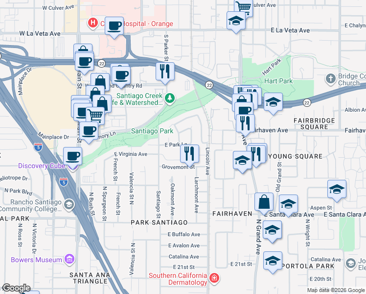 map of restaurants, bars, coffee shops, grocery stores, and more near 907 East Park Lane in Santa Ana
