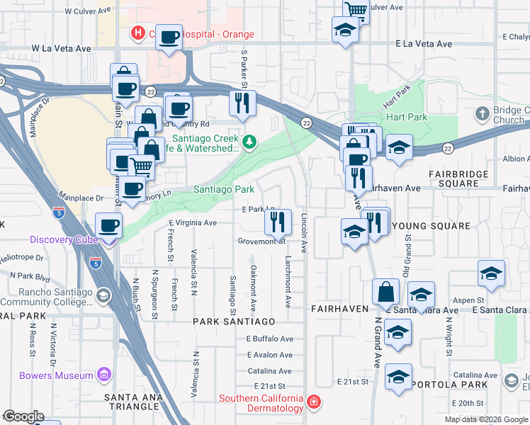 map of restaurants, bars, coffee shops, grocery stores, and more near 907 East Park Lane in Santa Ana