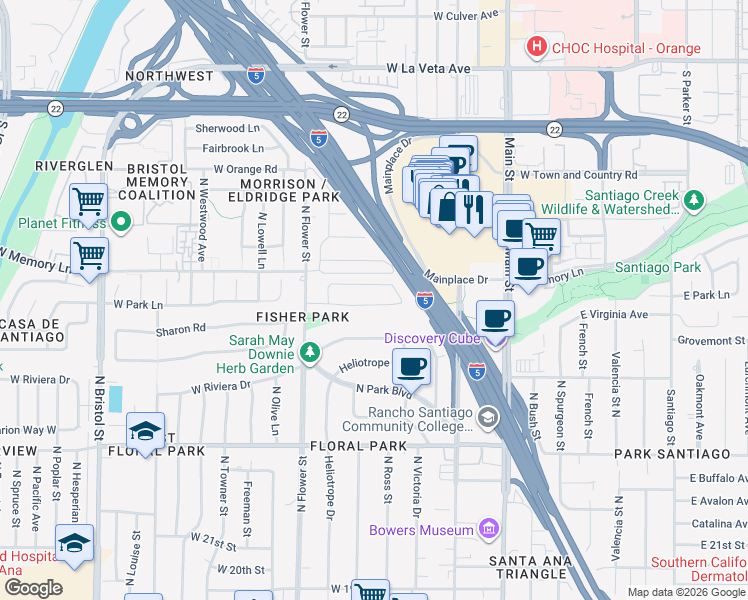 map of restaurants, bars, coffee shops, grocery stores, and more near 514 West Jonquil Road in Santa Ana