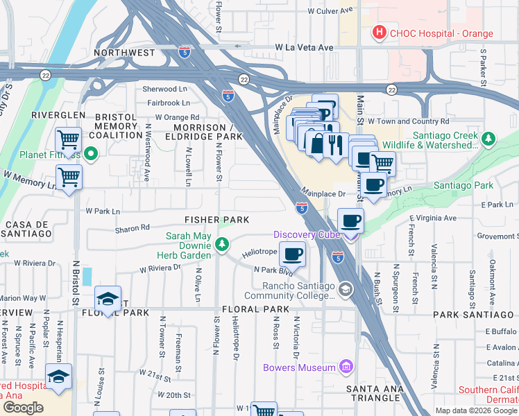 map of restaurants, bars, coffee shops, grocery stores, and more near 514 West Jonquil Road in Santa Ana