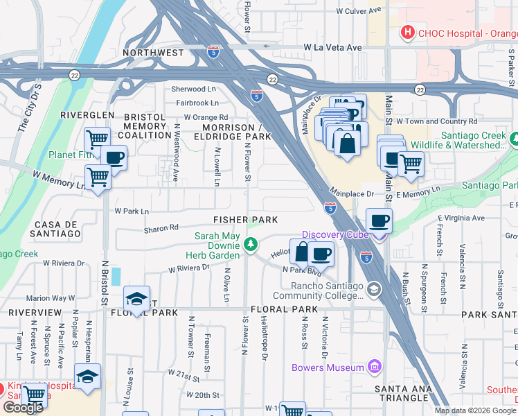 map of restaurants, bars, coffee shops, grocery stores, and more near 2609 North Flower Street in Santa Ana