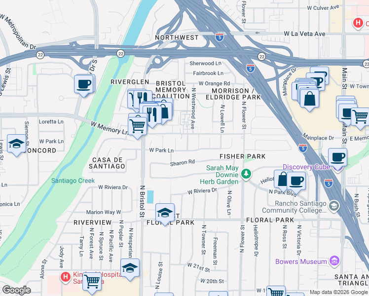 map of restaurants, bars, coffee shops, grocery stores, and more near 2611 North Westwood Avenue in Santa Ana