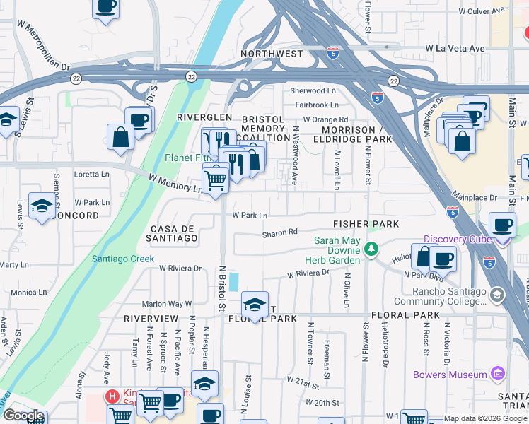map of restaurants, bars, coffee shops, grocery stores, and more near 2611 North Baker Street in Santa Ana