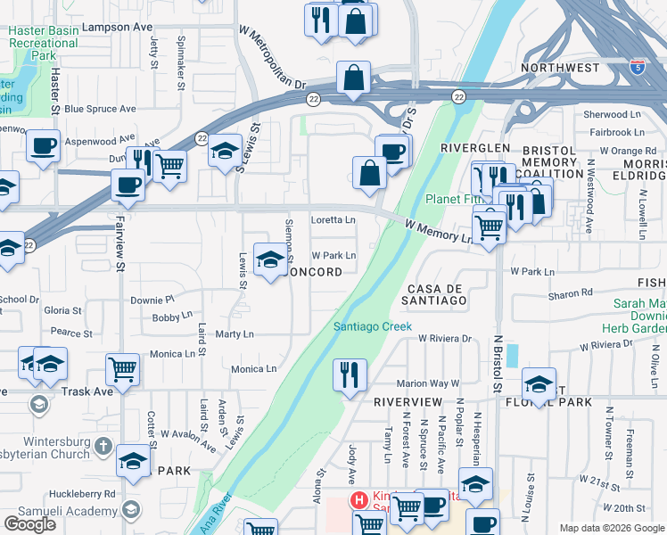 map of restaurants, bars, coffee shops, grocery stores, and more near 1716 West Park Lane in Santa Ana