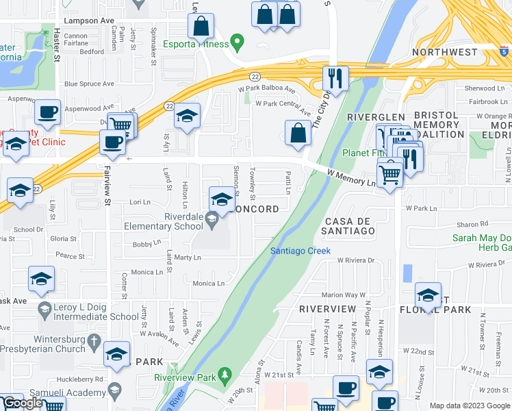map of restaurants, bars, coffee shops, grocery stores, and more near 2616 Townley Street in Santa Ana