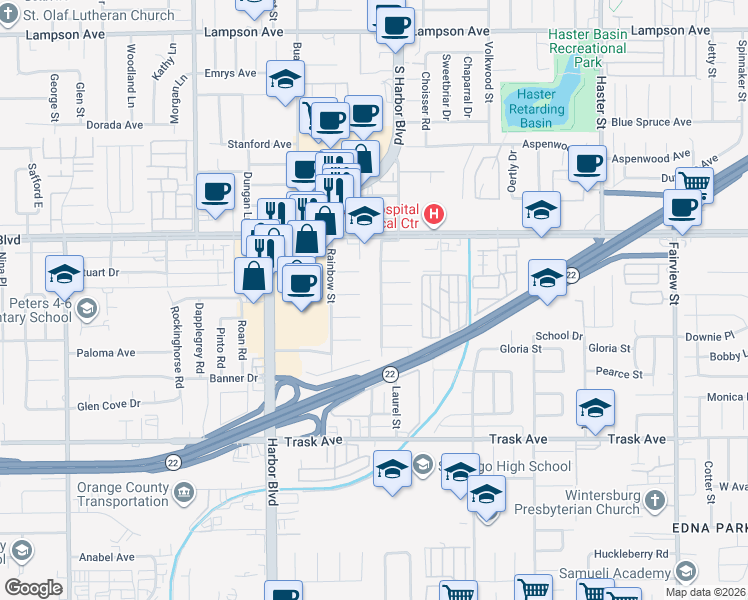 map of restaurants, bars, coffee shops, grocery stores, and more near 12201 Quartz Circle in Garden Grove