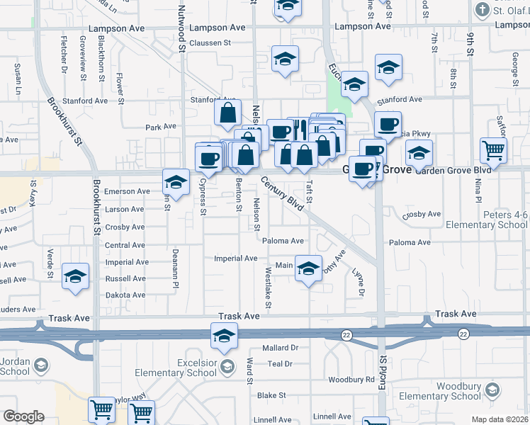 map of restaurants, bars, coffee shops, grocery stores, and more near 13102 Nelson Street in Garden Grove