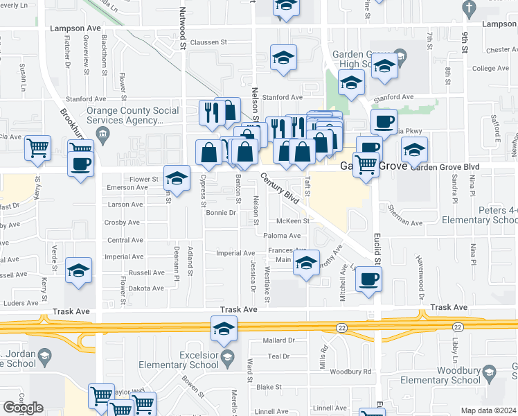 map of restaurants, bars, coffee shops, grocery stores, and more near 13102 Nelson Street in Garden Grove