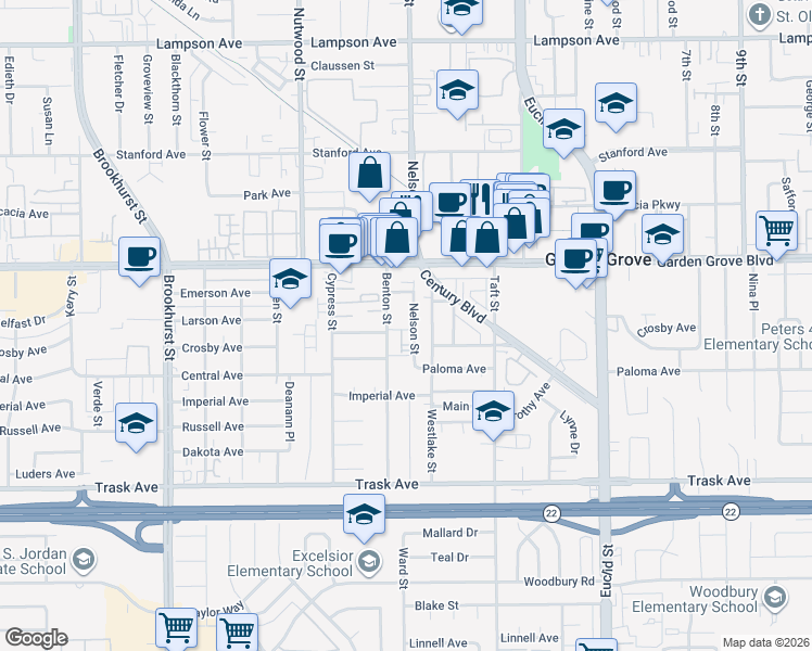 map of restaurants, bars, coffee shops, grocery stores, and more near 13102 Nelson Street in Garden Grove